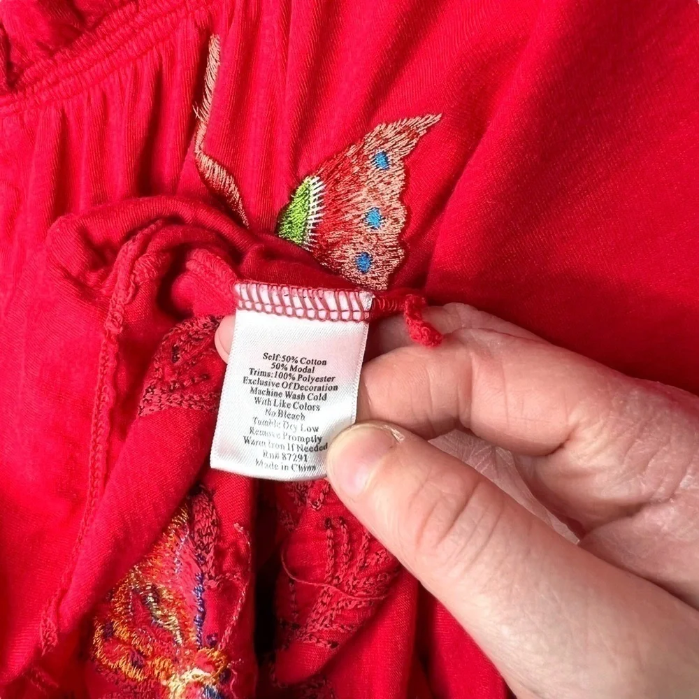 JW Los Angeles Johnny Was Red Multi Floral Butterfly Embroidered Dress Small